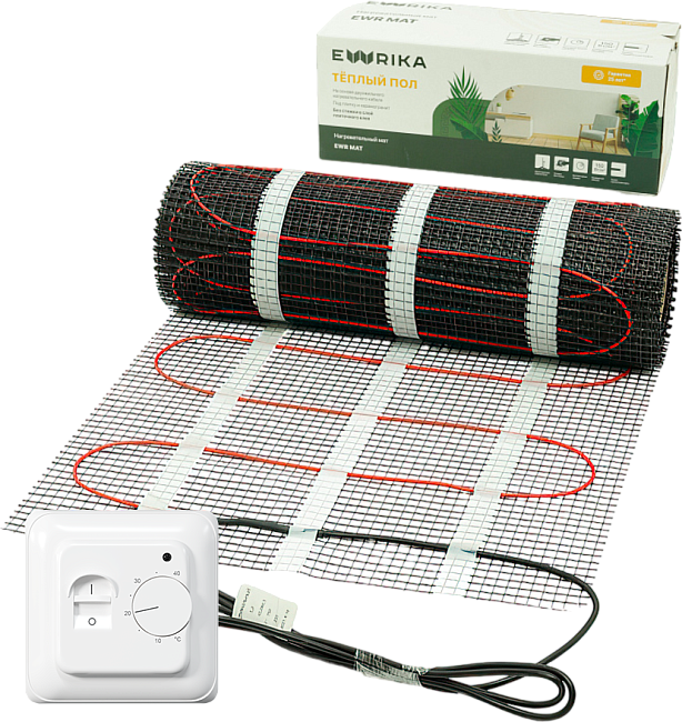 Комплект теплого пола Ewrika MAT EWR 150-2,5 с терморегулятором ТЕП7026 белым, механическим