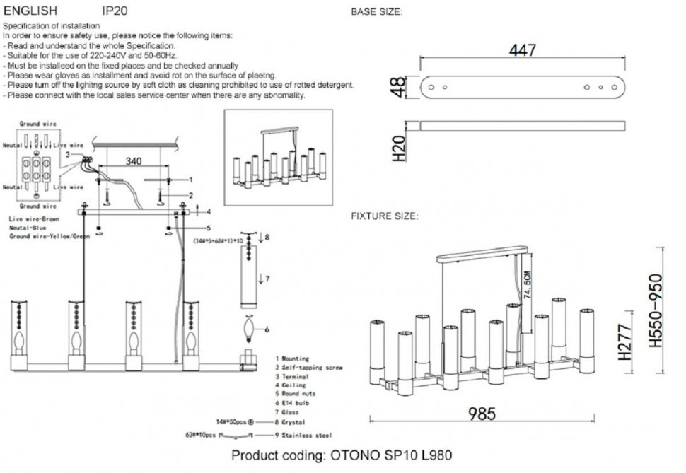 Подвесная люстра Crystal Lux OTONO SP10 L980 BLACK CHROMIUM/TRANSPARENTE