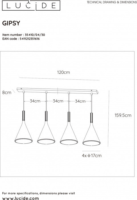 Подвесной светильник Gipsy 35410/04/30 Lucide