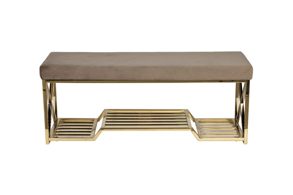 Банкетка велюровая серо-бежевая/золото