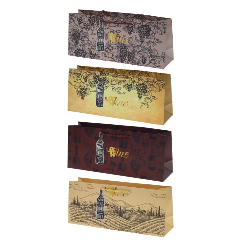 Пакет подарочный для бутылок (бумага 210г/м2, блок 12шт), L37 W10 H15,5 см, 4в.