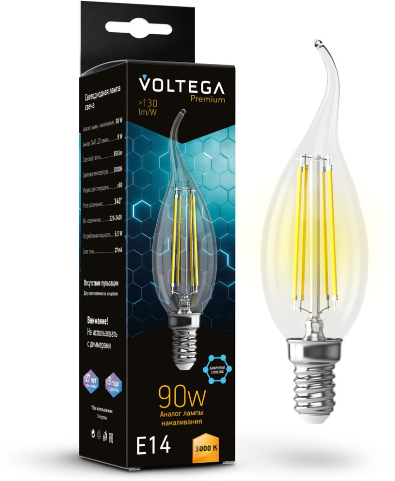 Лампочка светодиодная Candle wind 9W Graphene 7220 Voltega