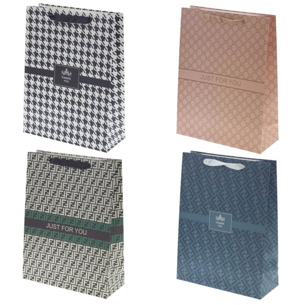 Пакет подарочный L (бумага 230г/м2, блок микс 12шт), L30 W12 H40 см, 4в.