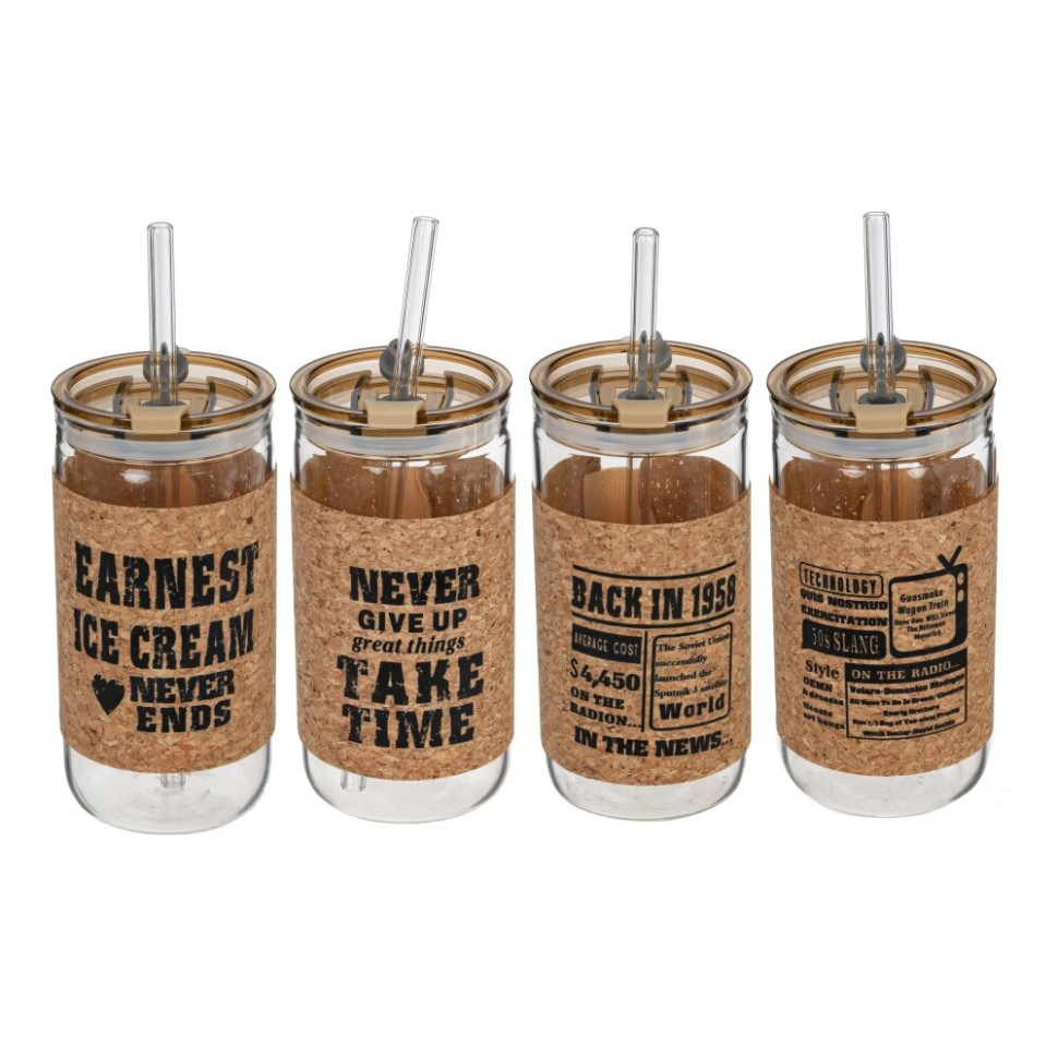 Бутылка с трубочкой, 410 мл, L7 W7 H14,5 см, 4в.