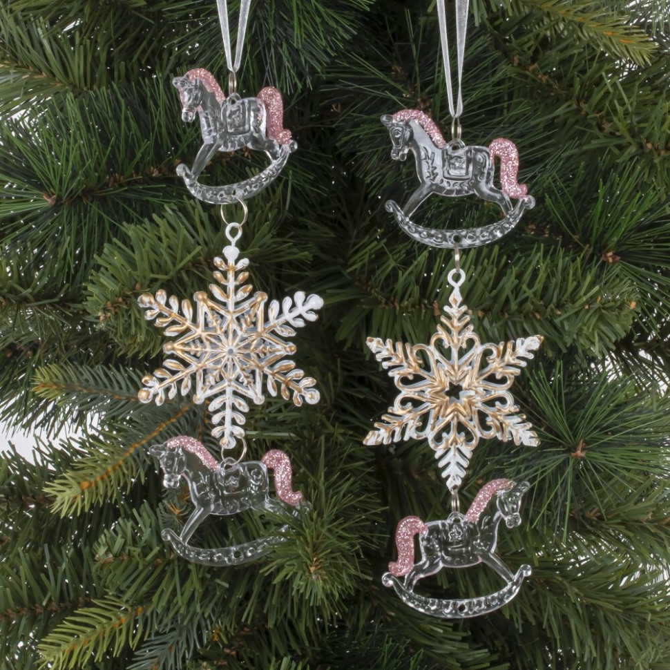 Украшение новогоднеe подвеска"Снежинка с лошадками", L6,5 W1 H19 см, 2в.