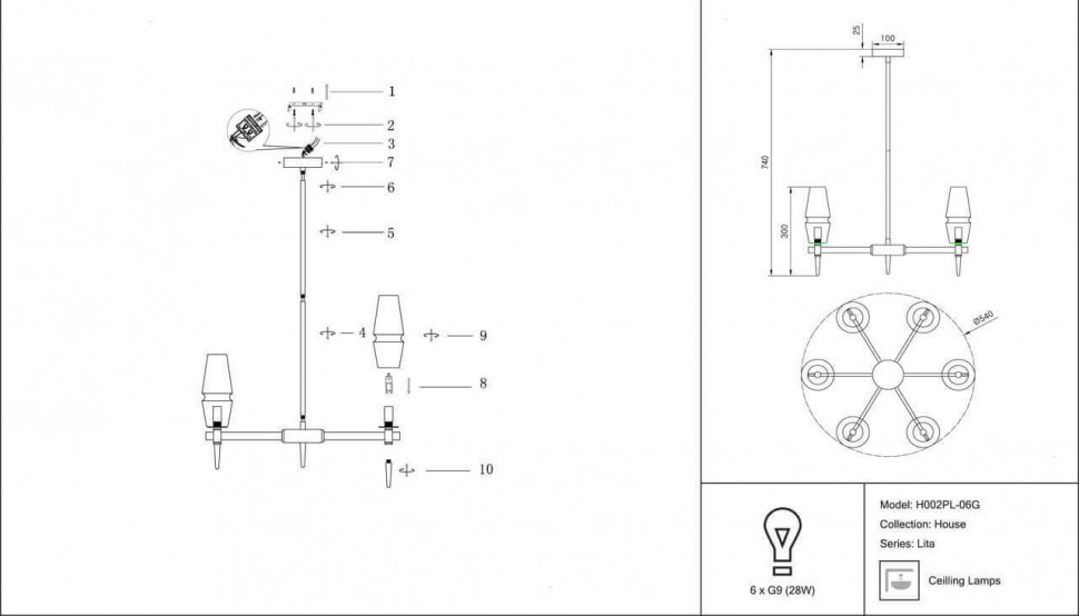 Подвесная люстра Maytoni Lita H002PL-06G