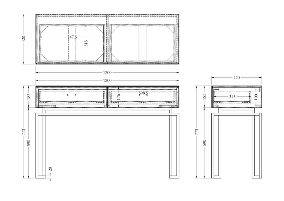 Консоль с ящиками черное стекло/золото