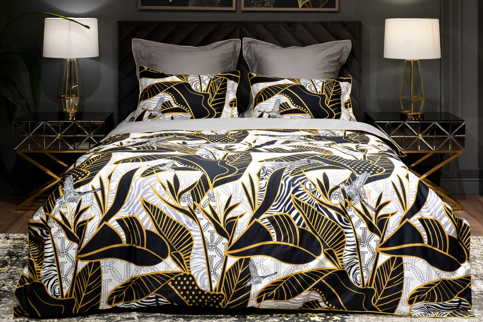 Комплект постельного белья "Тропики" золото/серый евро с наволочками 70х70см