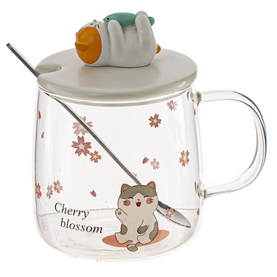 Кружка с крышкой и ложкой 420 мл, L8 W8 H9 см