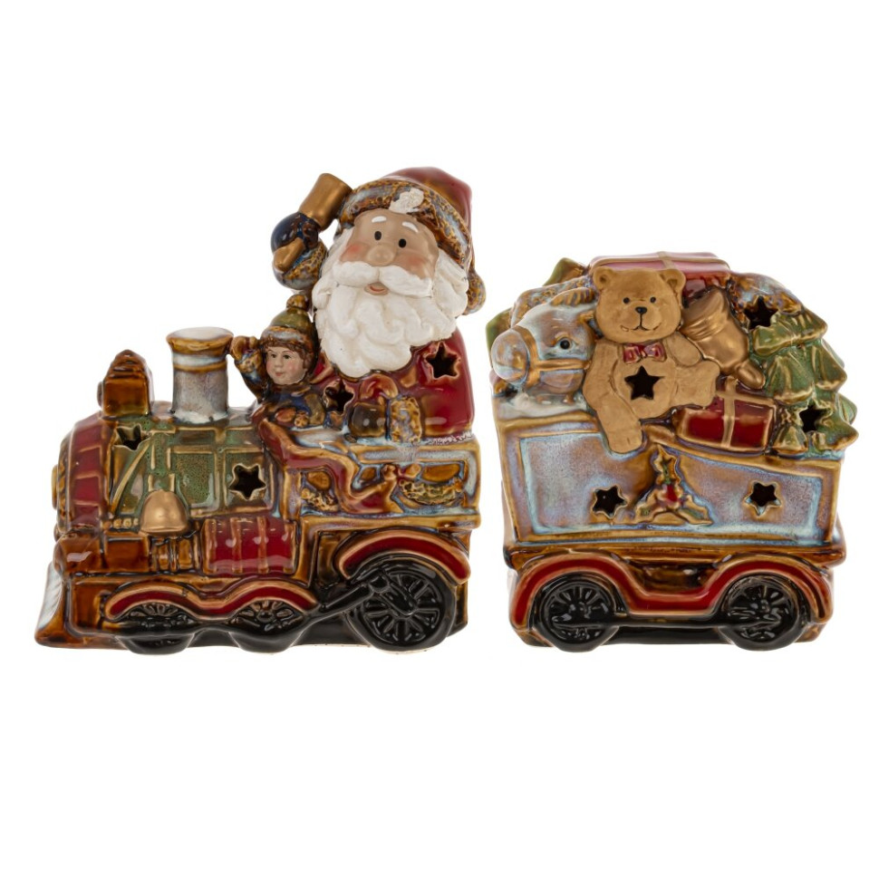 Набор из 2шт: Фигурка декор c подсветкой "Дед Мороз на поезде"  (LR44x6), L26 W9 H15,5 см