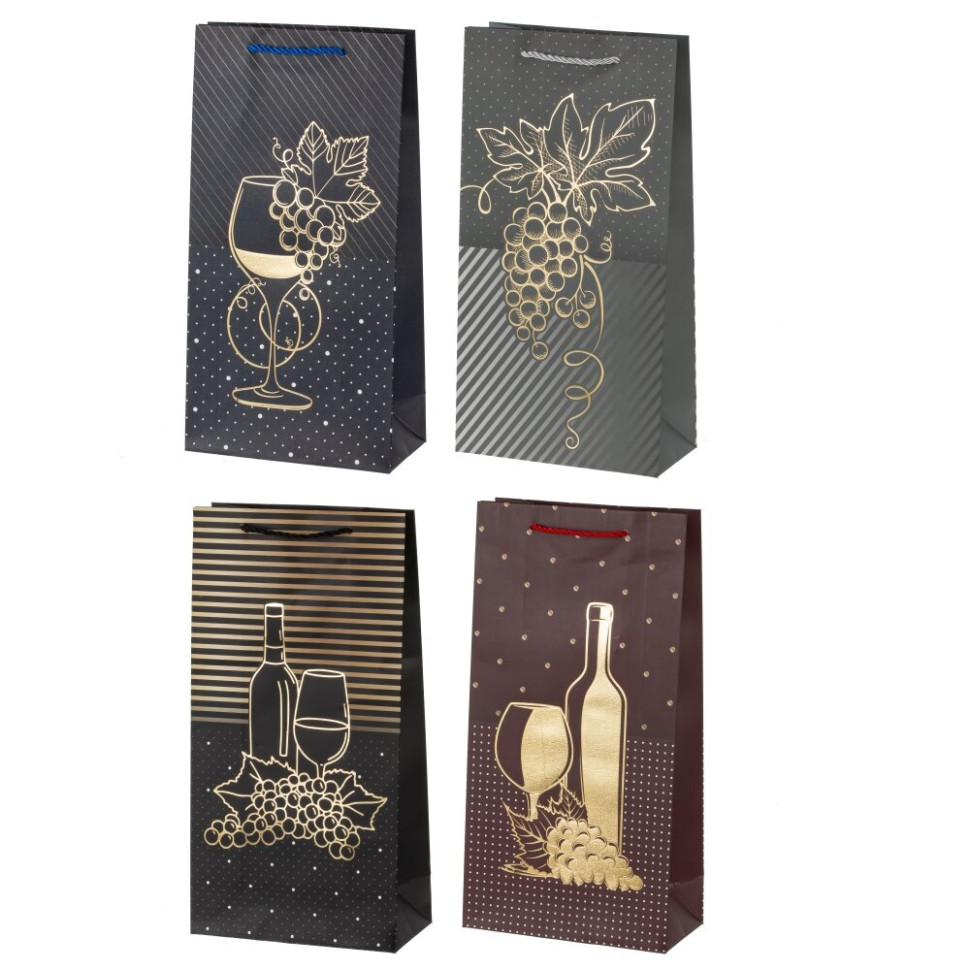 Пакет подарочный для бутылок (бумага 210г/м2, блок микс 12шт), L18 W9 H35 см, 4в.