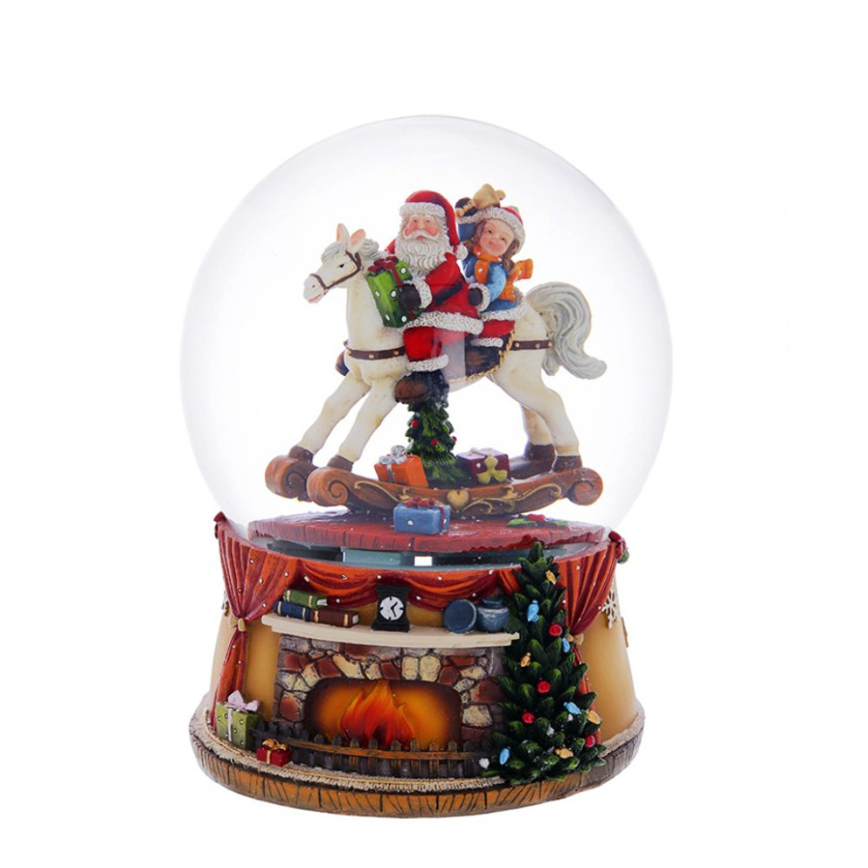 Фигурка декор в стекл шаре "Дед Мороз на лошадке" (муз и вьюга, 3xAAA н/п, D 15 см, L14 W14 H19 см